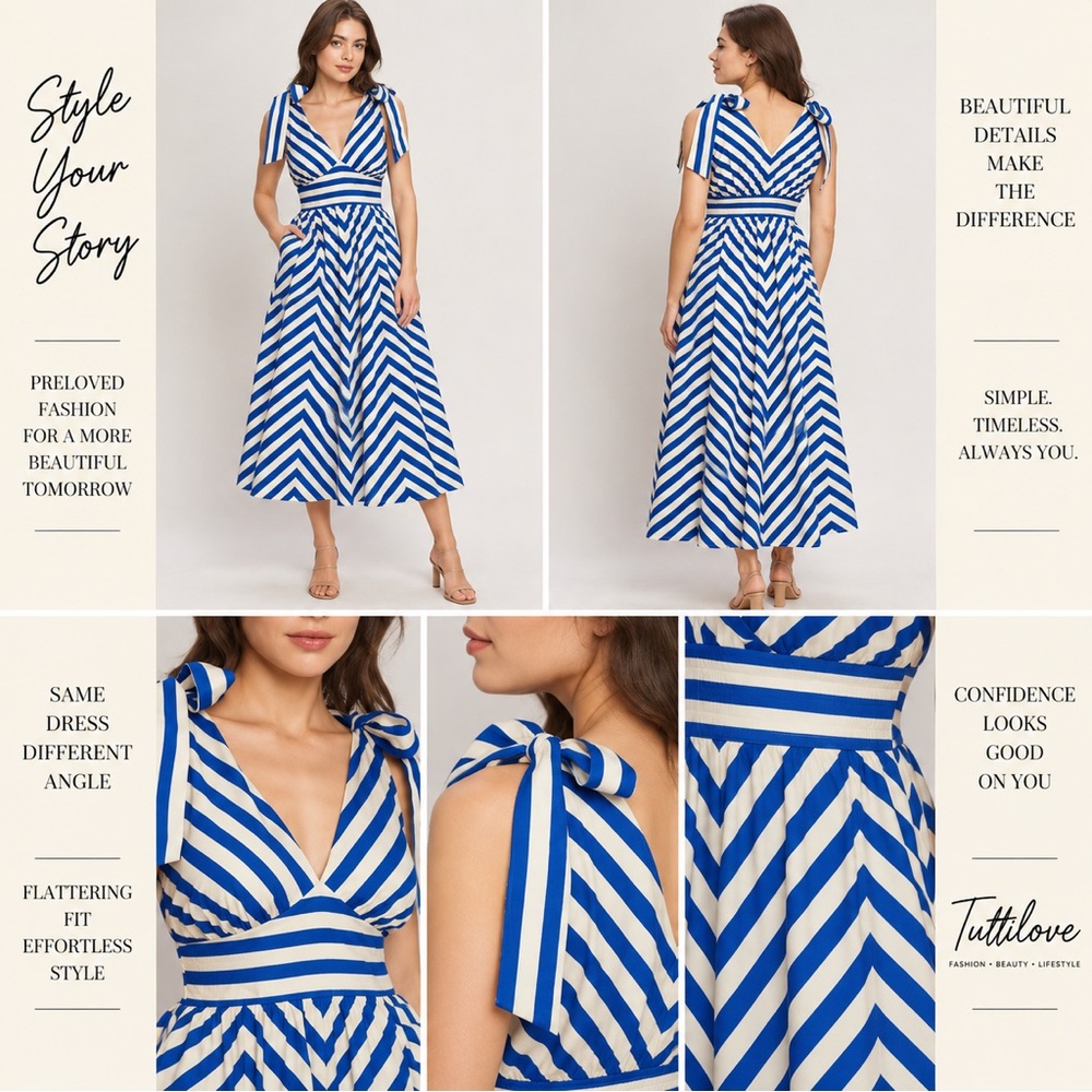 Blue and White Striped Midi Dress with Tie Shoulder Details